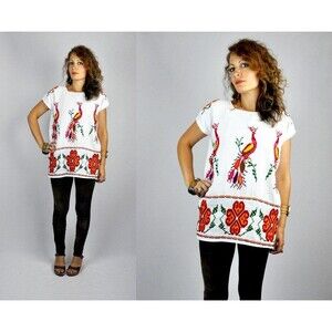 Mexican Embroidered Blouse Flowers Birds Embroidered Cross Stitches Blouse S M